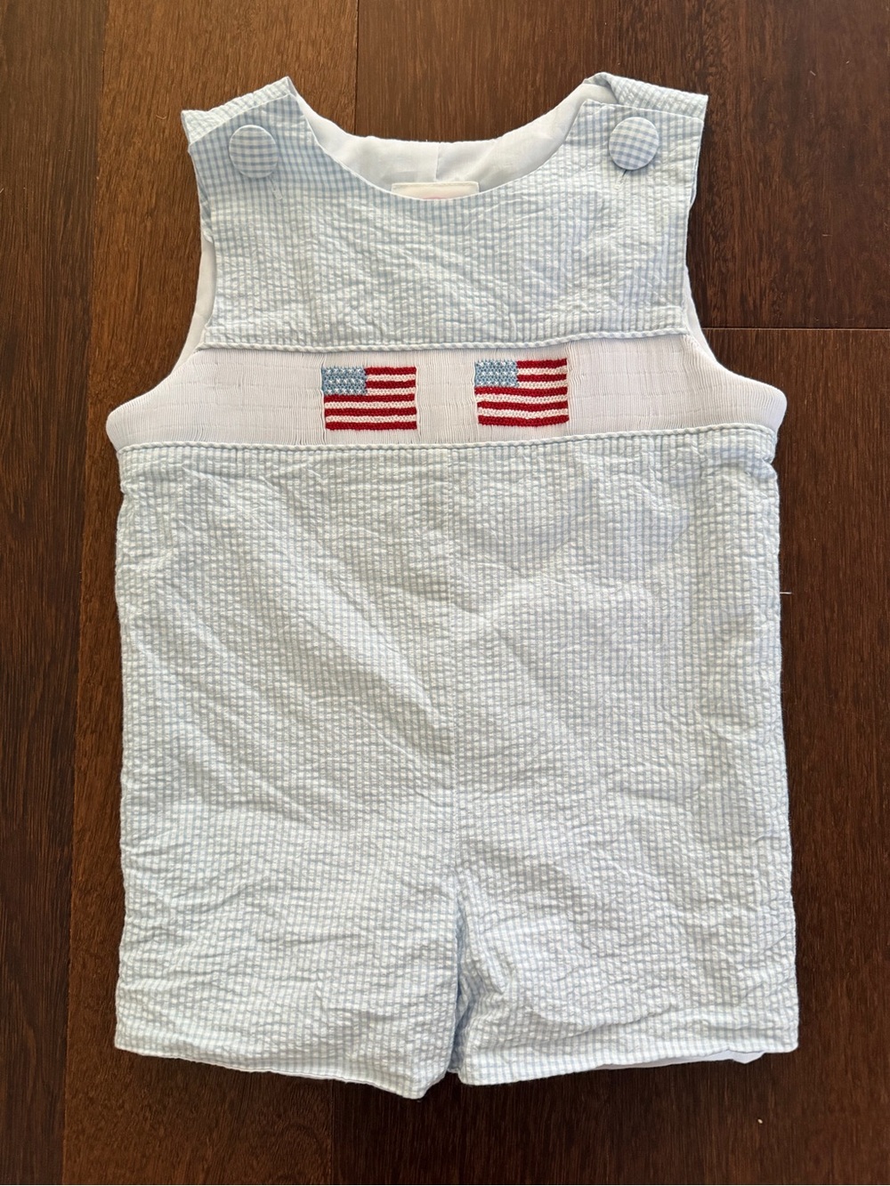 Light Blue Seersucker Kids One-Piece with Flag Embroidery